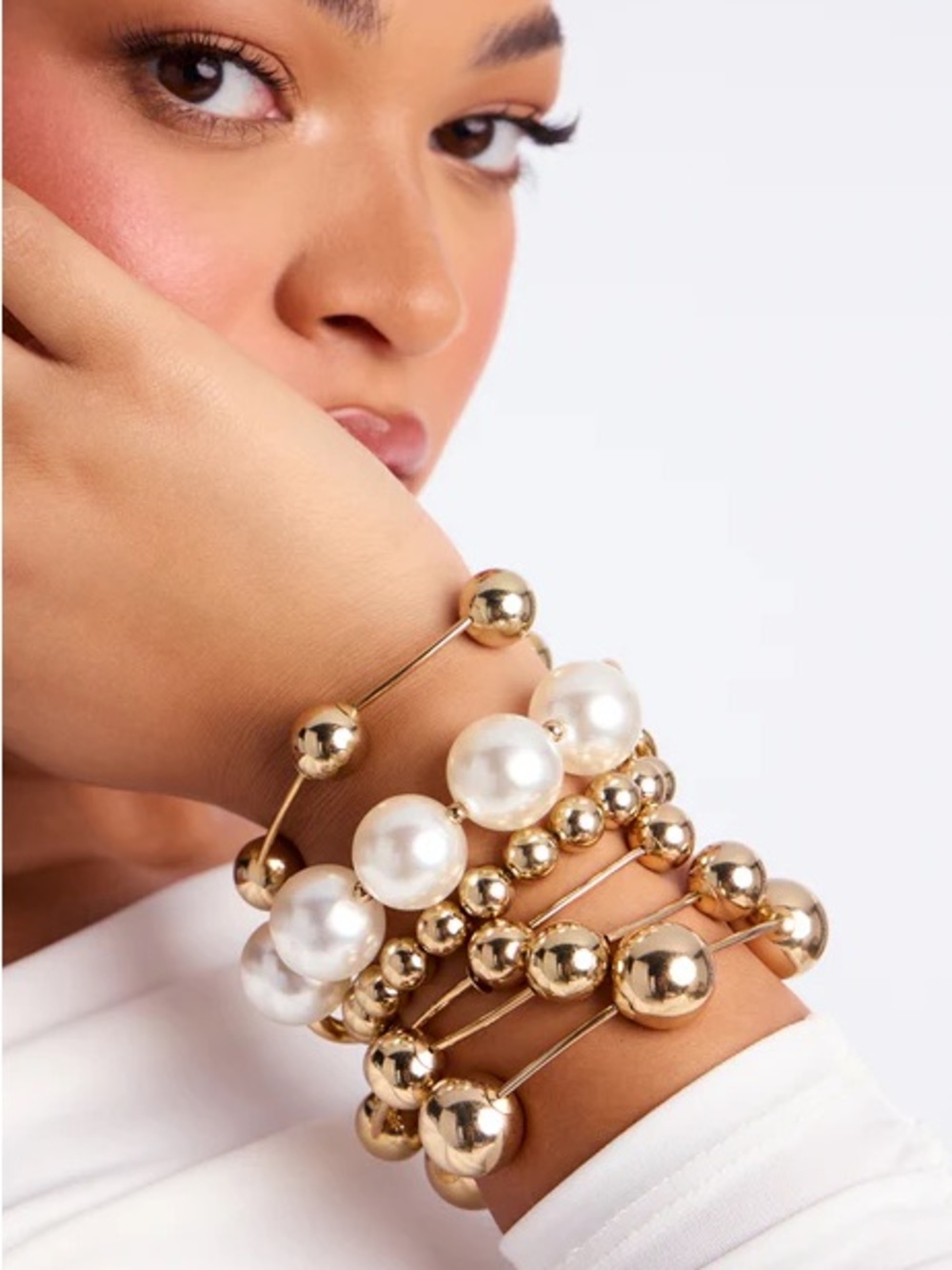 Fashion Nova Gold and White Pearl Bracelet Stack